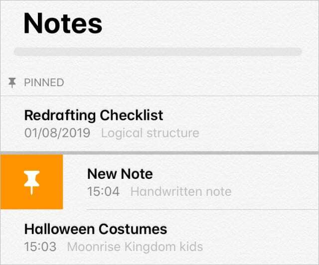 Notas en iPadOS e iOS 13 que muestran el botón para fijar una nota