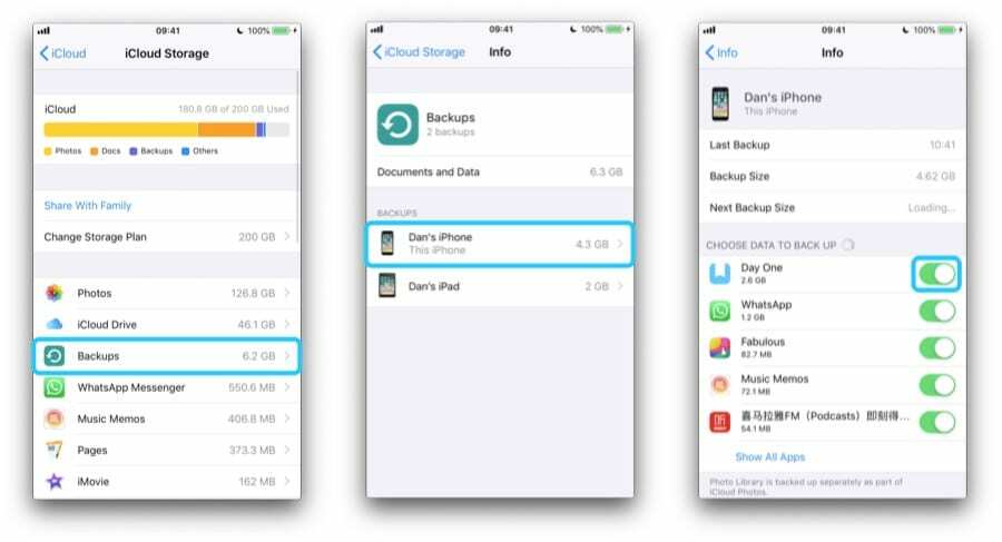 Drei iPhone-Screenshots, die zur Backup-Seite des Geräts navigieren