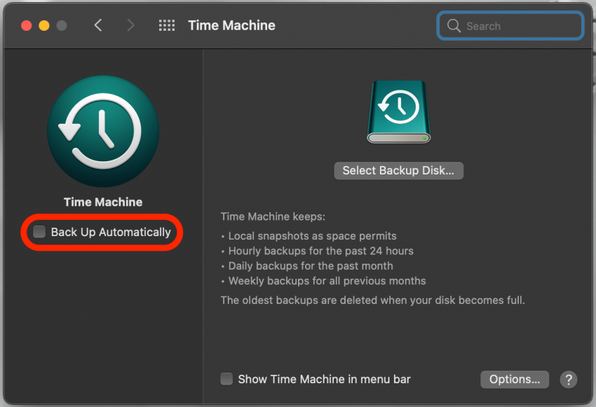 Fai clic su Esegui backup automatico del Mac per tutti i backup automatici del Mac