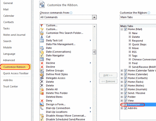 Outlook 2010 mengaktifkan pita pengembang