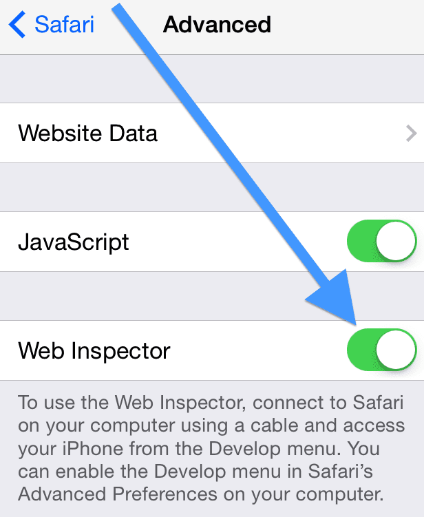 Safari-Webinspektor auf einem iOS-Gerät