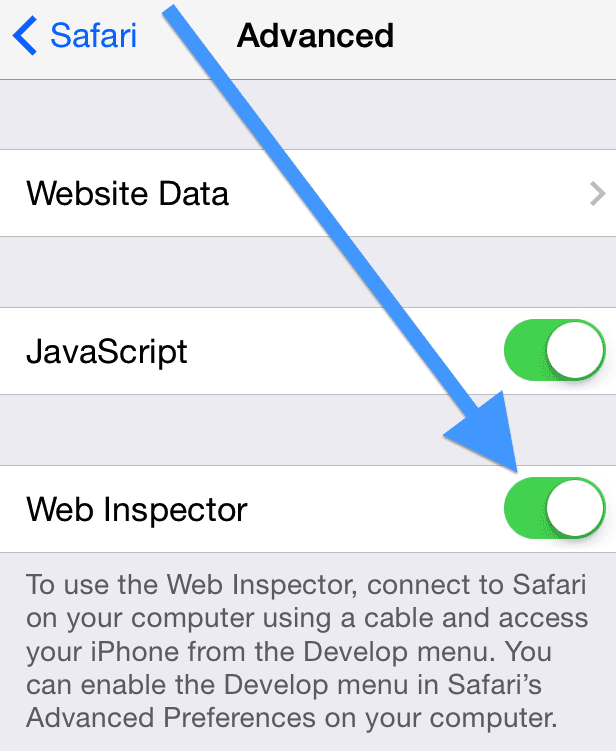 Safari tīmekļa inspektors iOS ierīcē