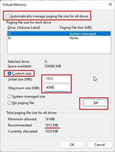 모든 드라이브의 페이징 파일 크기 자동 관리
