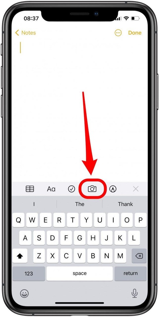 Napauta kamerasovellusta skannataksesi valokuvan Notes-sovelluksessa