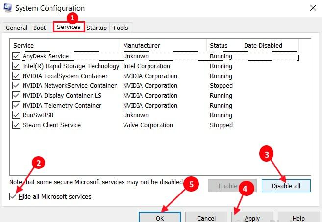 시스템 구성에서 모든 Microsoft 서비스 비활성화