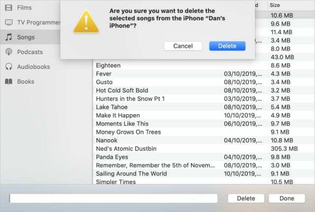 Eliminar la opción de canciones del iPhone en la ventana Gestionar almacenamiento del Finder