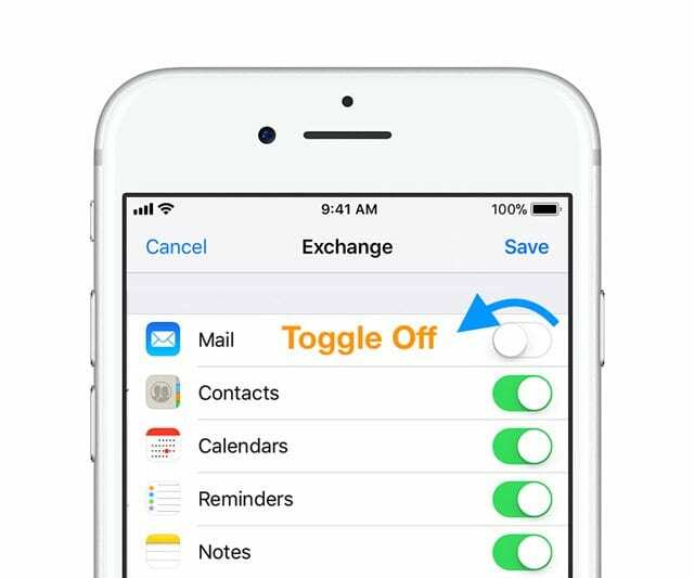 გამორთეთ ელფოსტა Mail App ელფოსტის ანგარიშიდან iPhone-ზე ან iPad-ზე