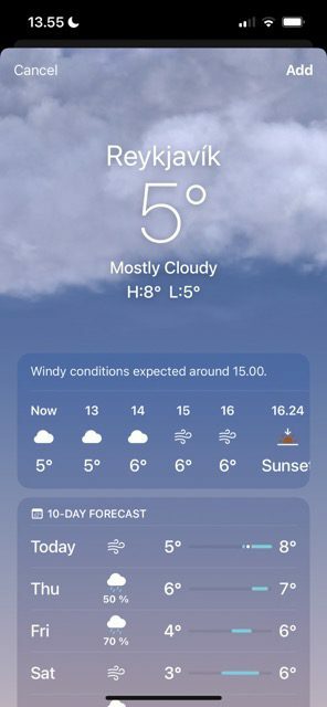 Skärmdump som visar hur man lägger till en plats i Weather för iOS