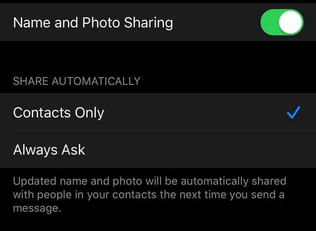 sdílejte své jméno a fotografii pouze s kontakty nebo nechte zařízení, aby se vás zeptalo