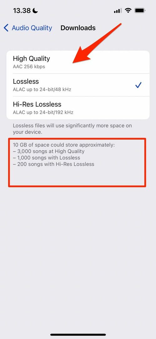 Captura de tela mostrando como alterar a qualidade do download no iOS para Apple Music
