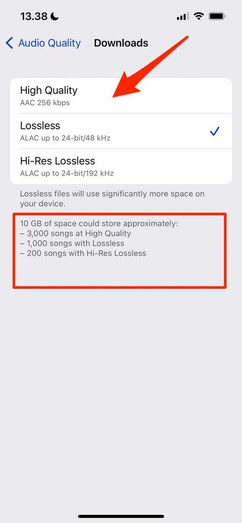 Ekrano kopija, rodanti, kaip pakeisti „Apple Music“ skirtos „iOS“ atsisiuntimo kokybę