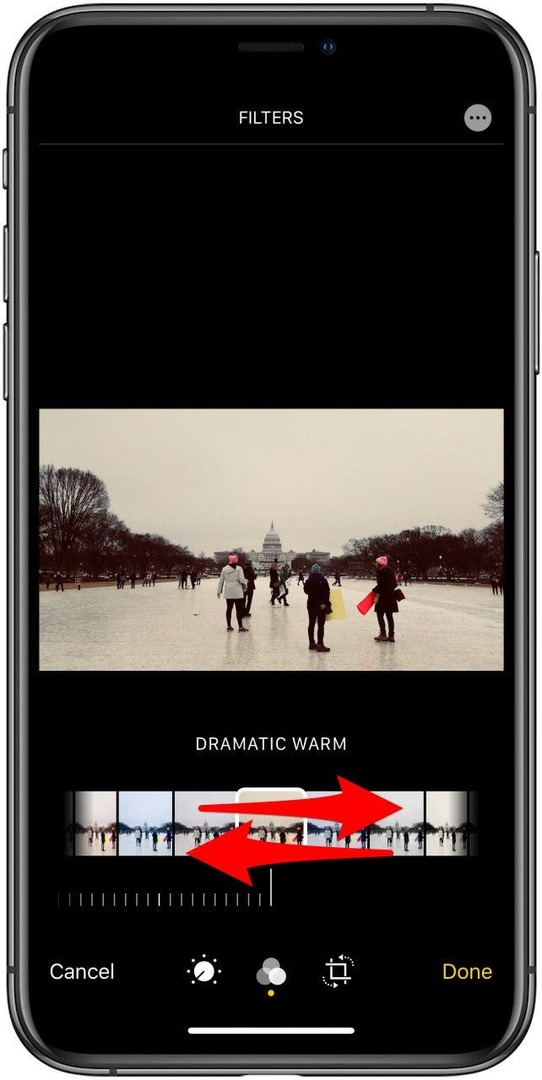 der Filterauswahlbildschirm in der Foto-App mit Anzeigen zum Wischen, um einen Filter auszuwählen