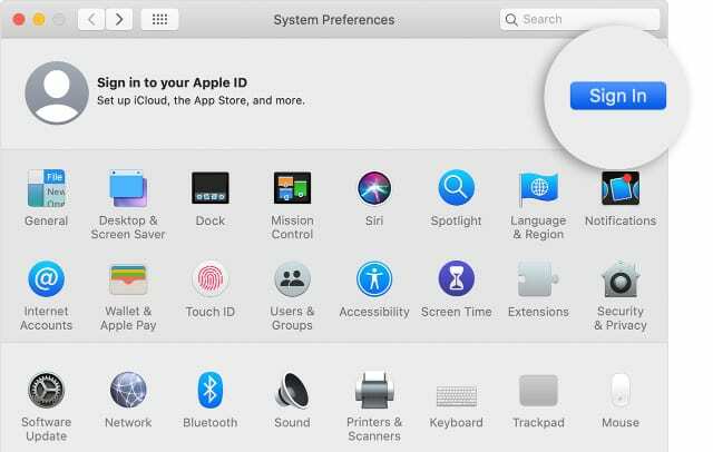 Macin järjestelmäasetukset, joissa on mahdollisuus kirjautua sisään Apple ID: hen