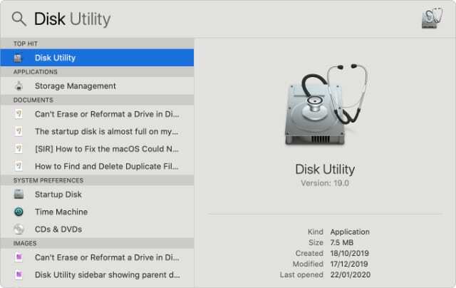 Εφαρμογή Disk Utility στην αναζήτηση Spotlight