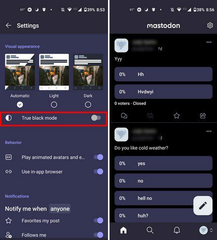 Echte donkere modus Mastodon Android