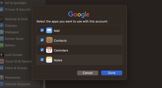 Στιγμιότυπο οθόνης που δείχνει τον τρόπο επιλογής πλαισίων για λογαριασμούς Διαδικτύου στο macOS