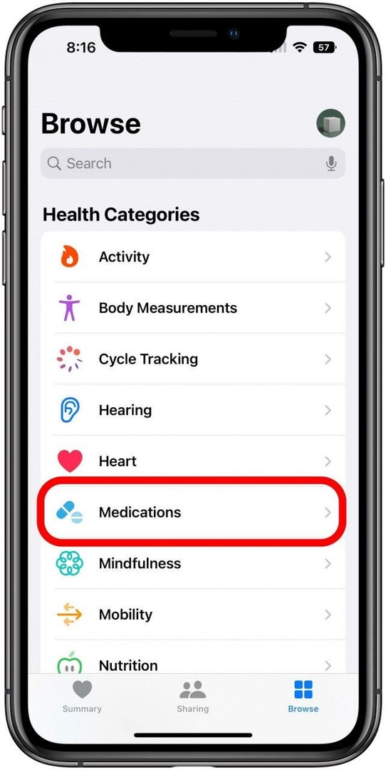 Апликација Здравље на картици Прегледај са означеном опцијом Лекови.