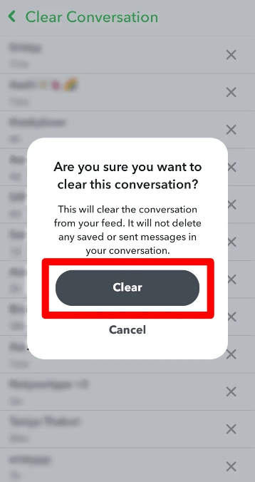 Εκκαθάριση της συνομιλίας Snapchat - κουμπί διαγραφής