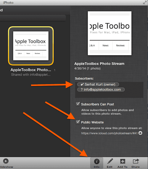 Nastavenia zdieľaného streamu iPhoto pre Mac