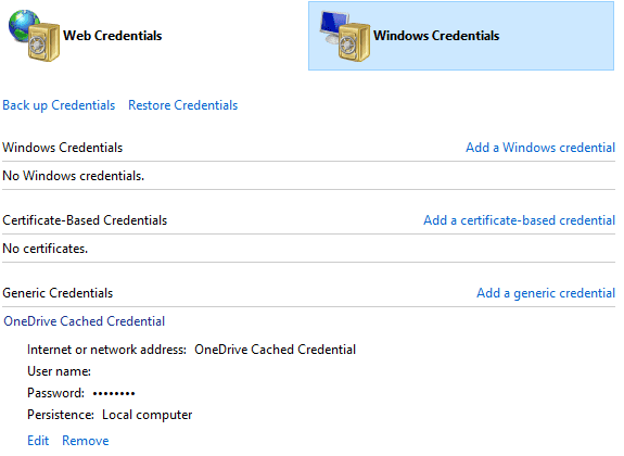 OneDrive-kešatmiņā saglabātie akreditācijas dati