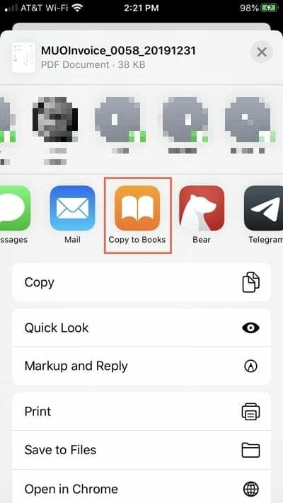 Copier vers des livres dans la feuille de partage iPhone