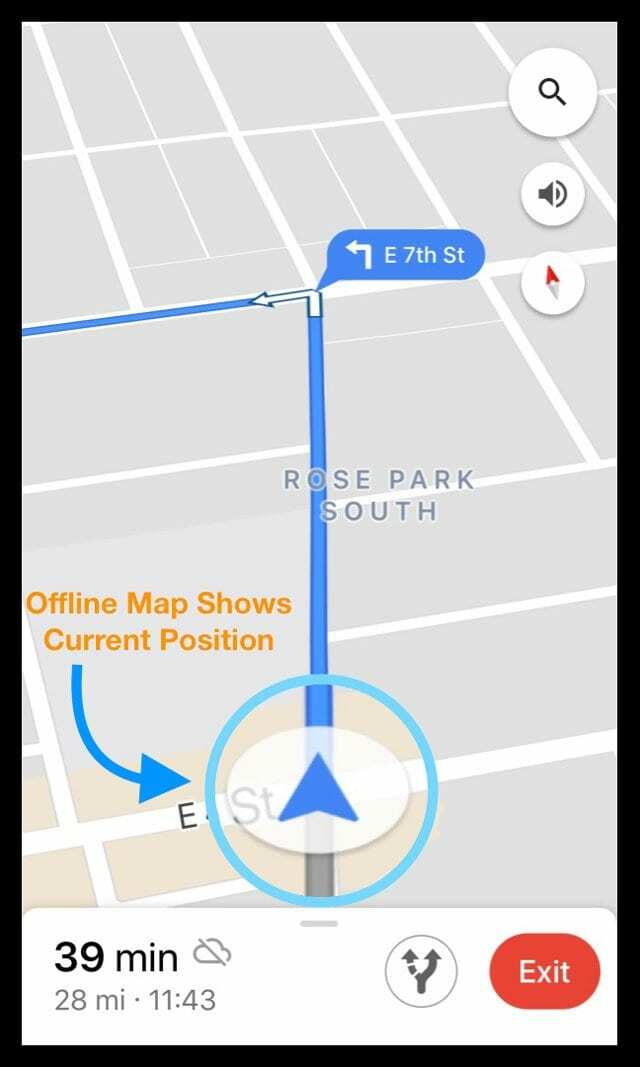 Offline letöltött térkép a Google Térképen az autó aktuális helyzetét mutatja