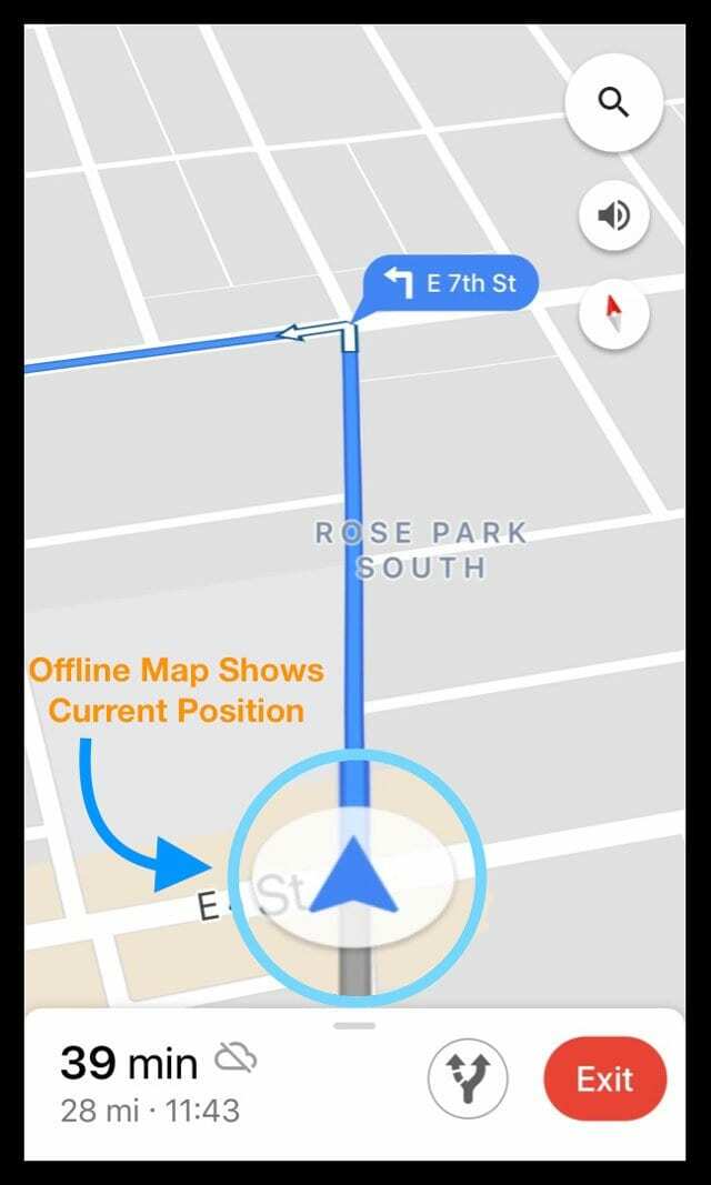 แผนที่ที่ดาวน์โหลดแบบออฟไลน์บน Google Maps แสดงตำแหน่งรถปัจจุบัน