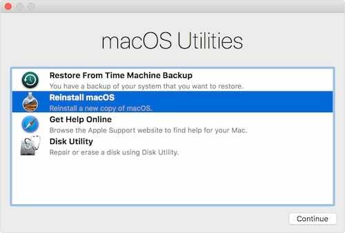 macOS पुनर्प्राप्ति मोड उपयोगिताओं मेनू।