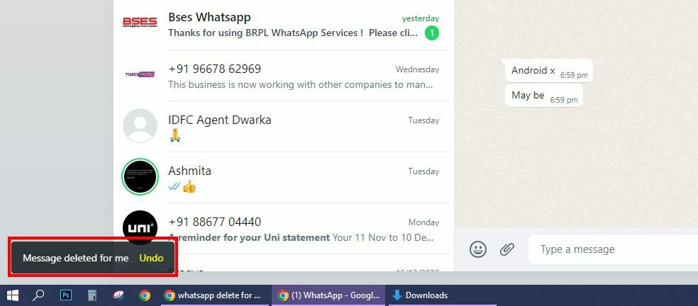 WhatsApp membatalkan Hapus untuk saya di Aplikasi Web