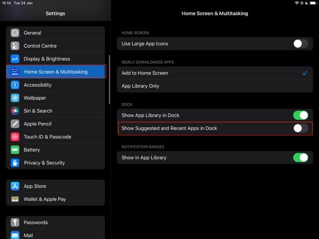Screenshot van het startscherm en de sectie Multitasking in iPadOS