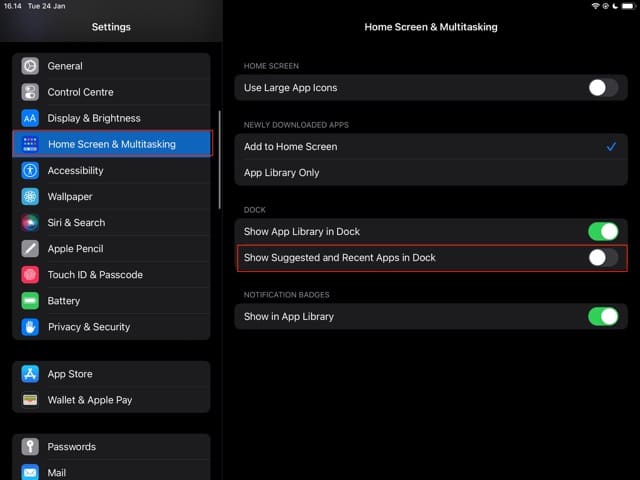 Screenshot, der den Startbildschirm und den Multitasking-Bereich in iPadOS zeigt