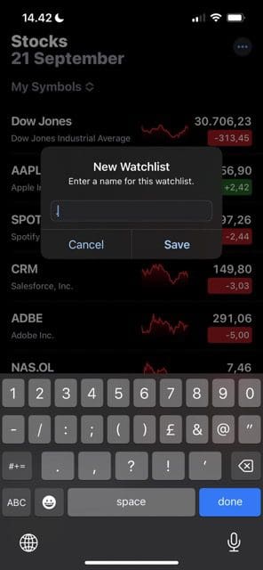 Képernyőkép, amely bemutatja, hogyan nevezhet el új figyelőlistát iOS rendszeren