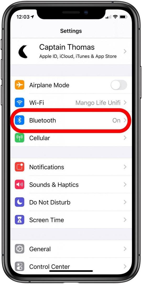 Linker Airpod funktioniert nicht: Die Einstellungs-App in iOS mit hervorgehobener Bluetooth-Option