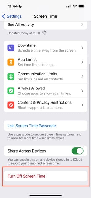 Disattiva il tempo di utilizzo di iOS