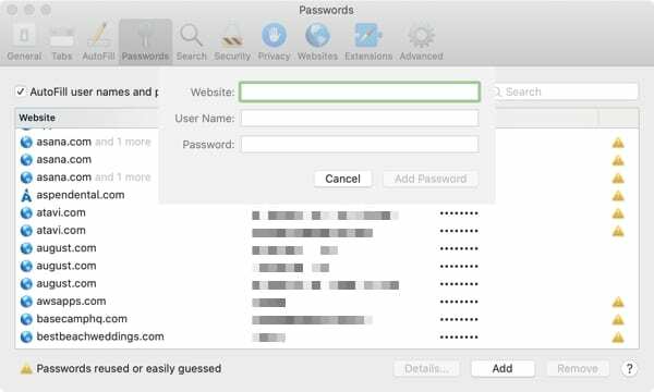 Safari Dodaj lozinku-Mac