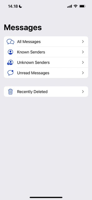 Näyttökuva, jossa näkyy iOS: n eri viestisuodatinasetukset