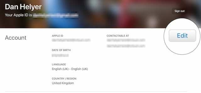 Poga Rediģēt kontu Apple ID vietnē