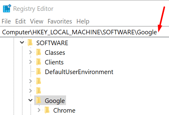 редактор реестра программного обеспечения Google для Windows 10