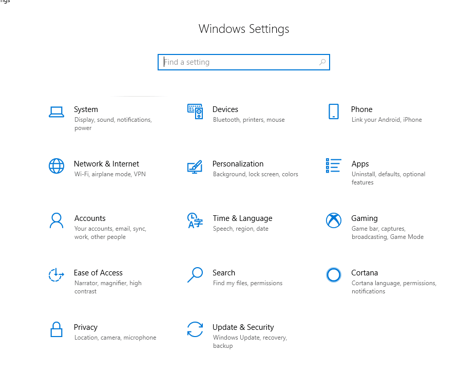 გახსენით Windows Setting