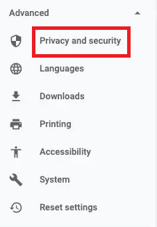 Pod Napredno kliknite na Privatnost i sigurnost
