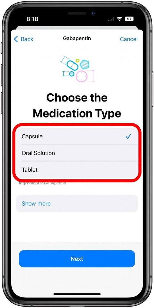 Aplicación de salud en la pantalla de nuevo medicamento con el cuadro de selección de tipo marcado.