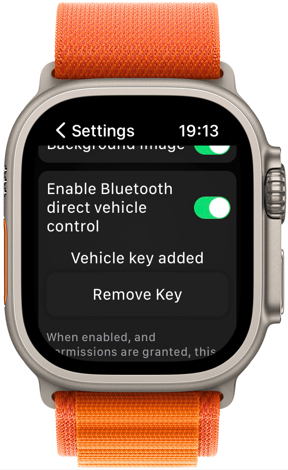 अपनी घड़ी पर, आप देखेंगे कि आपके वाहन की चाबी जोड़ दी गई है।