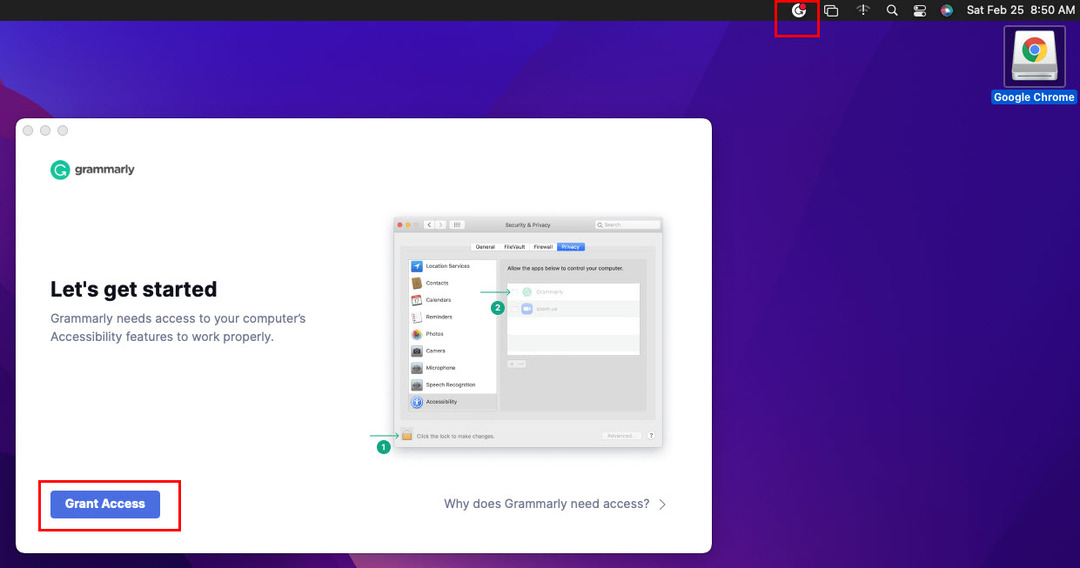 Juurdepääsu võimaldamine rakendusele Grammarly for Mac, et lisada Grammarly Word Maci