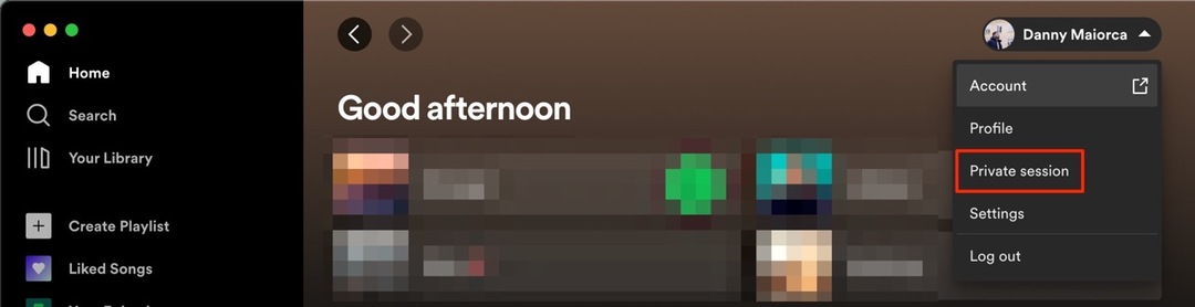 Снимак екрана који показује како да укључите приватну сесију слушања у Спотифи-у
