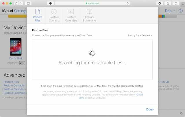 iCloud में पुनर्प्राप्त करने योग्य फ़ाइलें