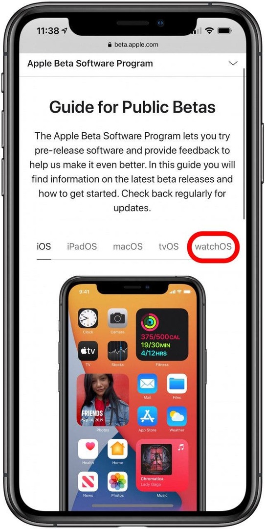 एक बार आपका iPhone नामांकित हो जाने के बाद, इस लिंक का उपयोग करें या Apple बीटा सॉफ़्टवेयर प्रोग्राम पृष्ठ पर watchOS पर टैप करें।