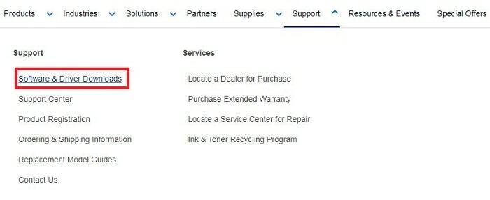 Menu de downloads de software e drivers no site oficial da Brother