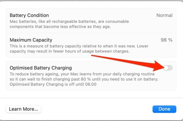 Posnetek zaslona, ​​ki prikazuje preklop optimiziranega polnjenja baterije na Macu
