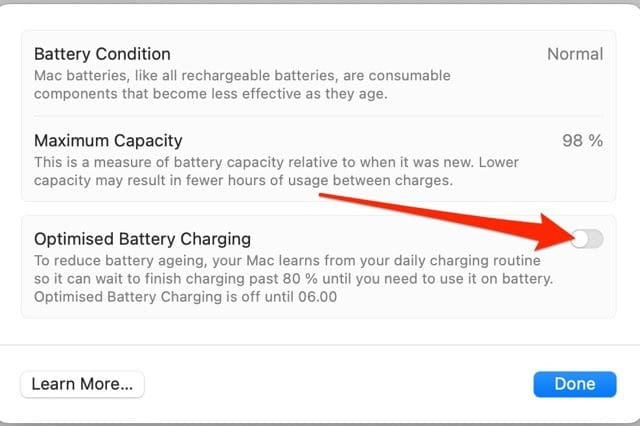 Skærmbillede, der viser optimeret batteriopladning på Mac