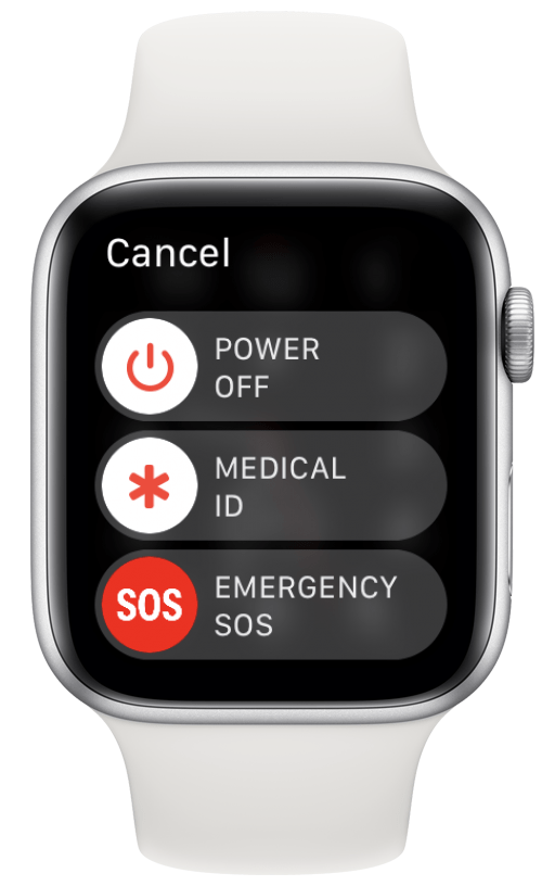 Halten Sie auf Ihrer Apple Watch die Seitentaste gedrückt, bis das Energieoptionsmenü angezeigt wird.
